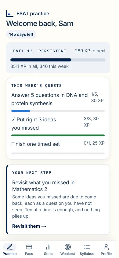 The Practice tab: the level reached and the points to the next one, three quests for the week with their progress, then a card reading Your next step with a topic to revisit.